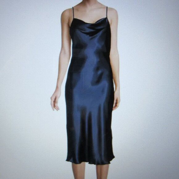 BEBE Satin Bias Cowl Neck Midi Dress Womens M Black White Silver Floral Slip NWT - Picture 13 of 14